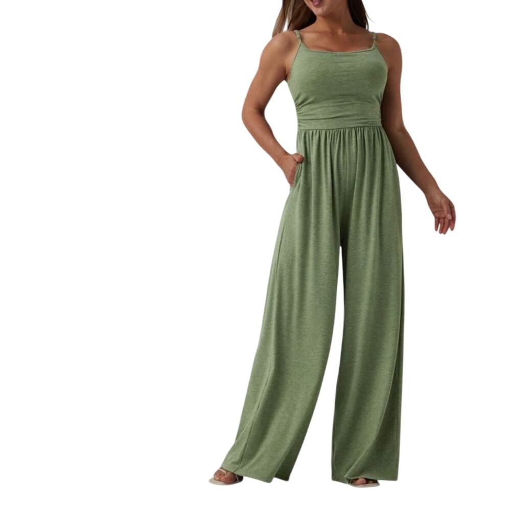 Halara Jumpsuit Adjustable Straps Ruched Wide Leg Light Green Floral Yarn Small